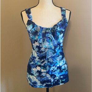 Multi blue ruffled front tank top
